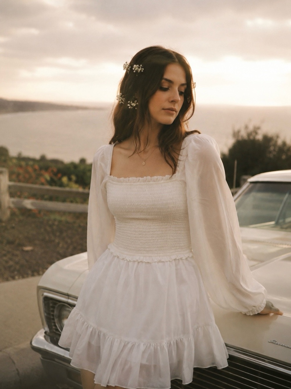 1. State White Smocked Mini Dress with Sheer Long Sleeves